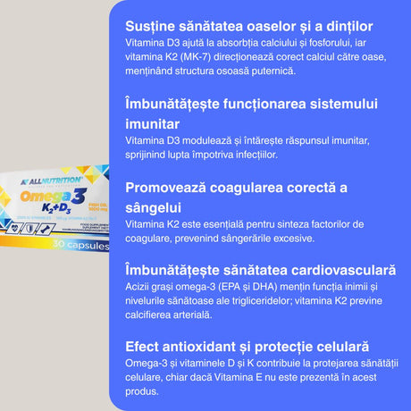 Omega 3, K2, D3 ALLNUTRITION: Oase puternice, inimă sănătoasă. O capsulă/zi.