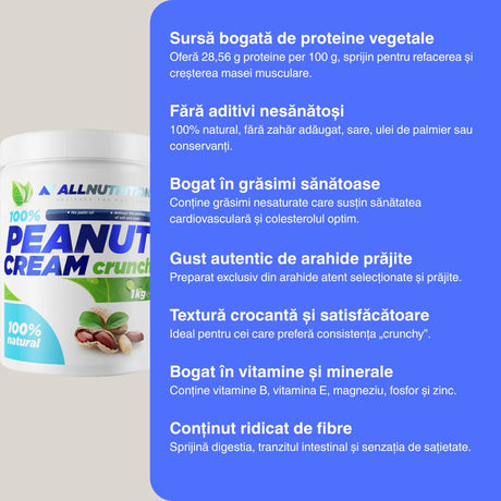Unt de arahide crocant ALLNUTRITION: energie naturală din arahide atent selecționate, pentru un corp și o minte puternice. Proteine și grăsimi sănătoase pentru vitalitate maximă.