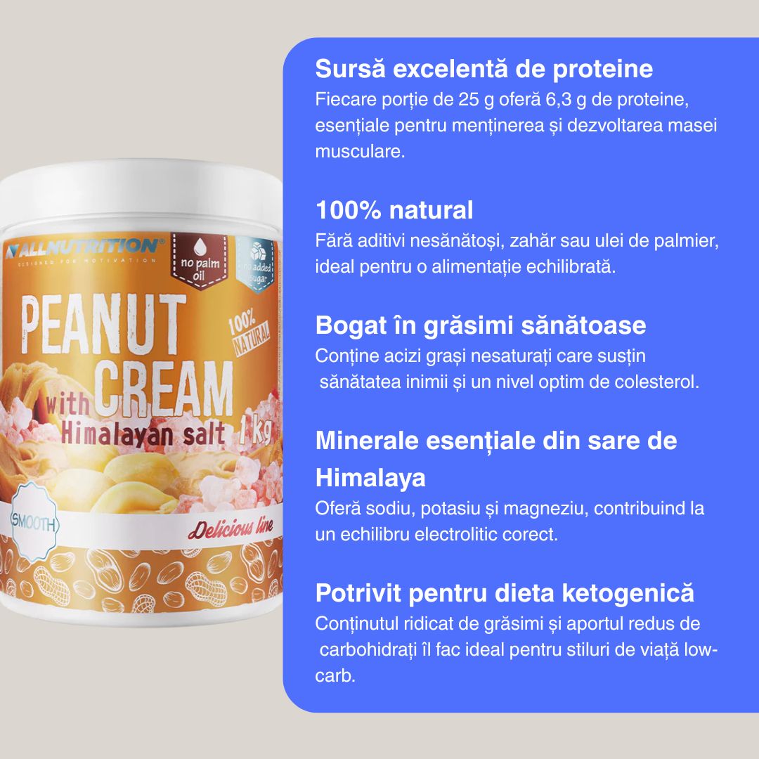 Energie susținută & mușchi puternici! Unt de arahide natural, bogat în proteine și fără zahăr adăugat.