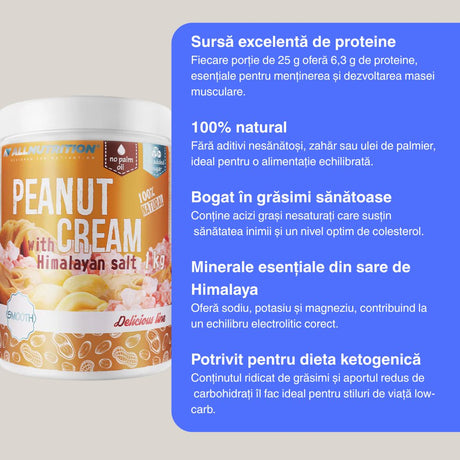 Energie susținută & mușchi puternici! Unt de arahide natural, bogat în proteine și fără zahăr adăugat.