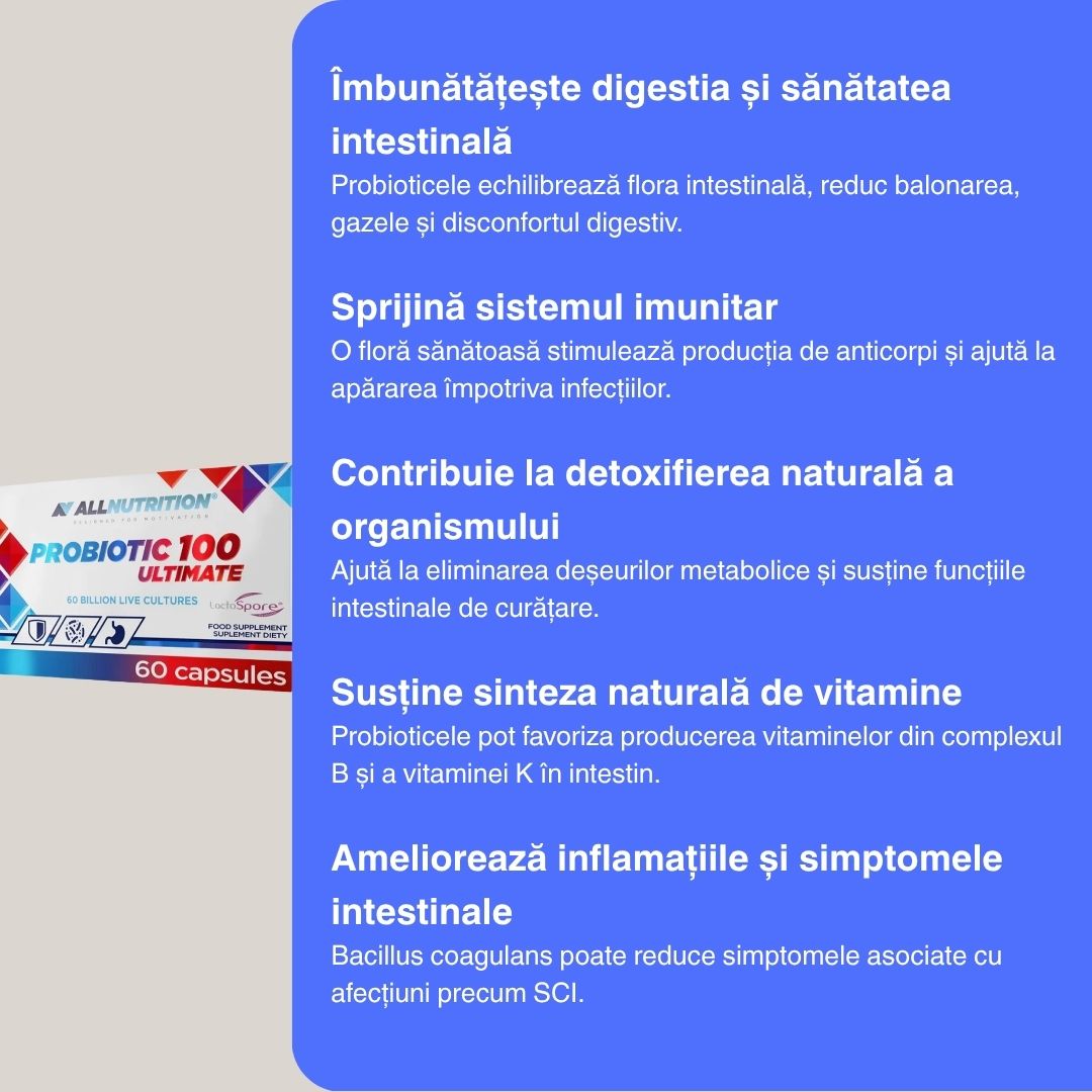 Digestie optimă și stare de bine cu Probiotic 100 Ultimate (60 mld. culturi vii).
