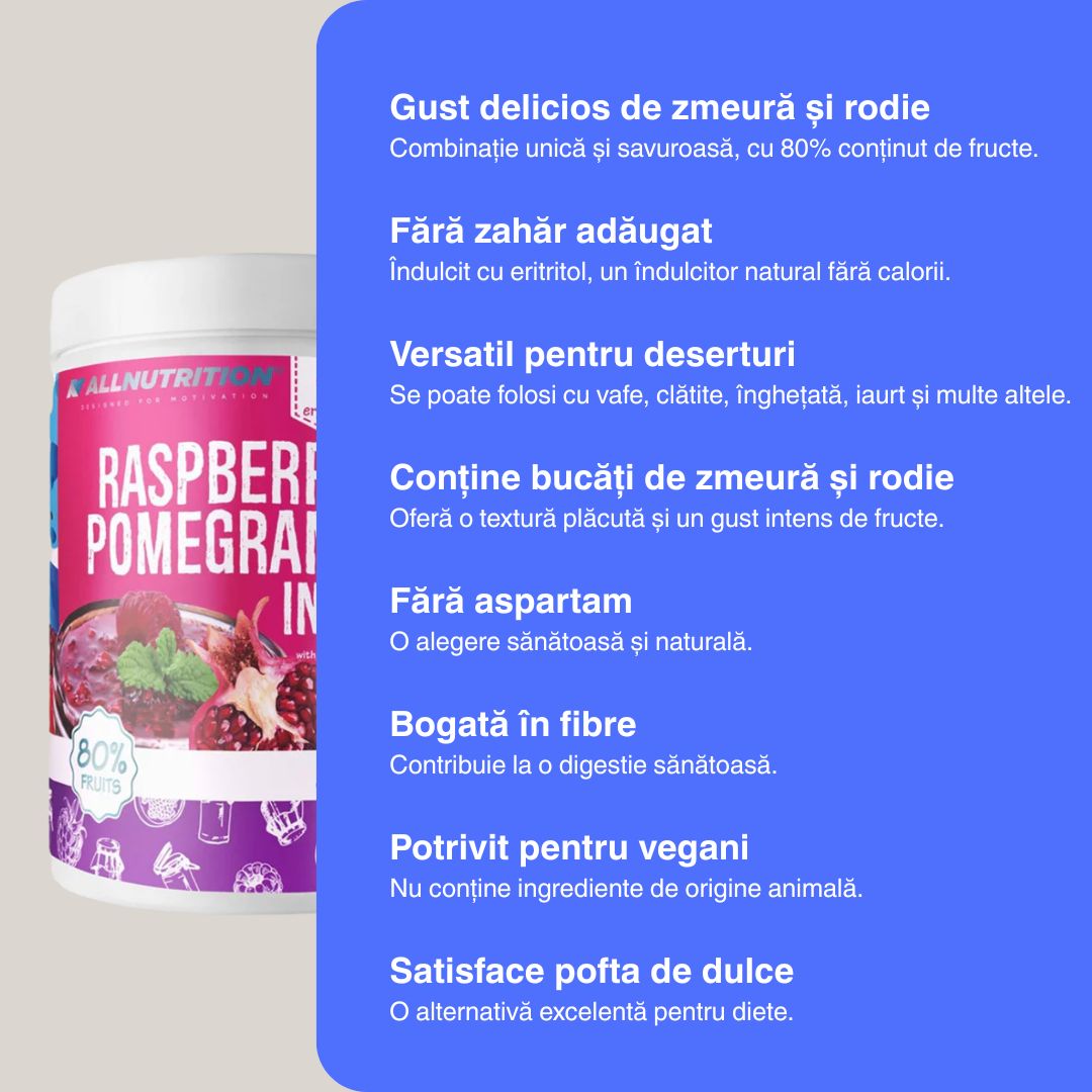 Gem zmeură & rodie, 80% fructe, fără zahăr adăugat. Savurează un mic dejun delicios și energizant! #AllNutrition #LuxuryWellness