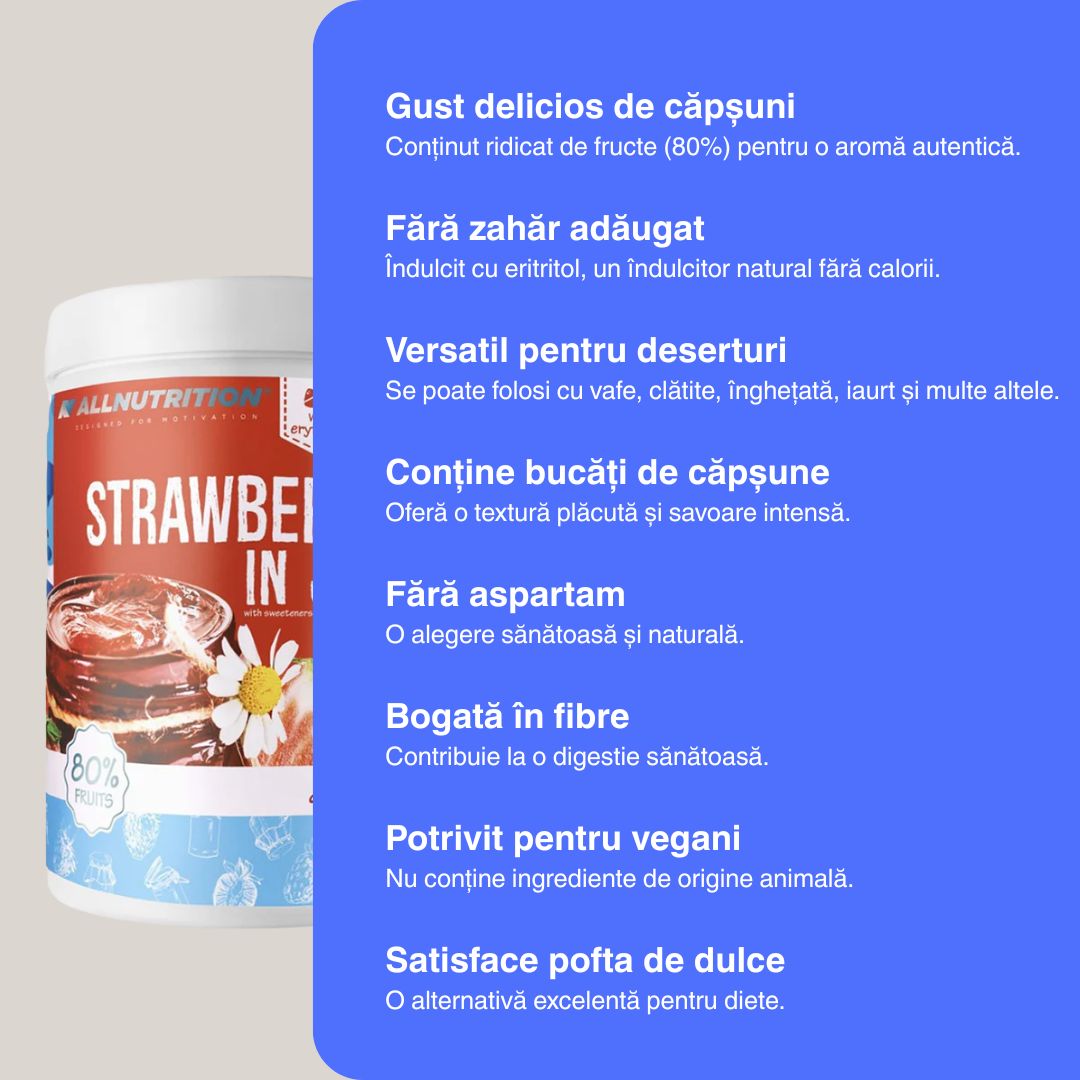 Gem de căpșuni fără zahăr. Savurează dulceața pură, fără remușcări.