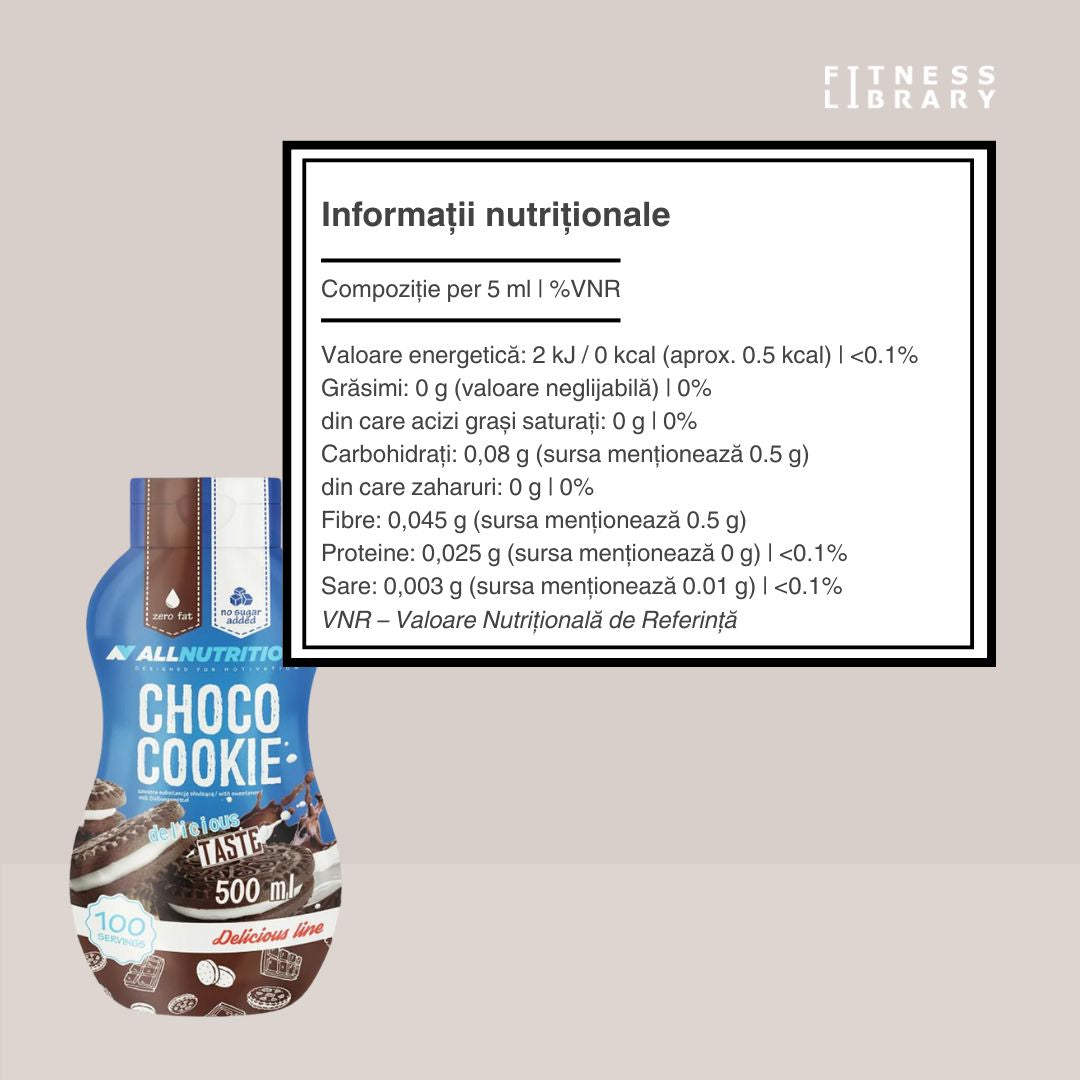 Răsfăț divin, zero calorii! Sosul Sweet Sauce de la AllNutrition - 100 de porții de aromă decadentă de ciocolată și biscuiți.