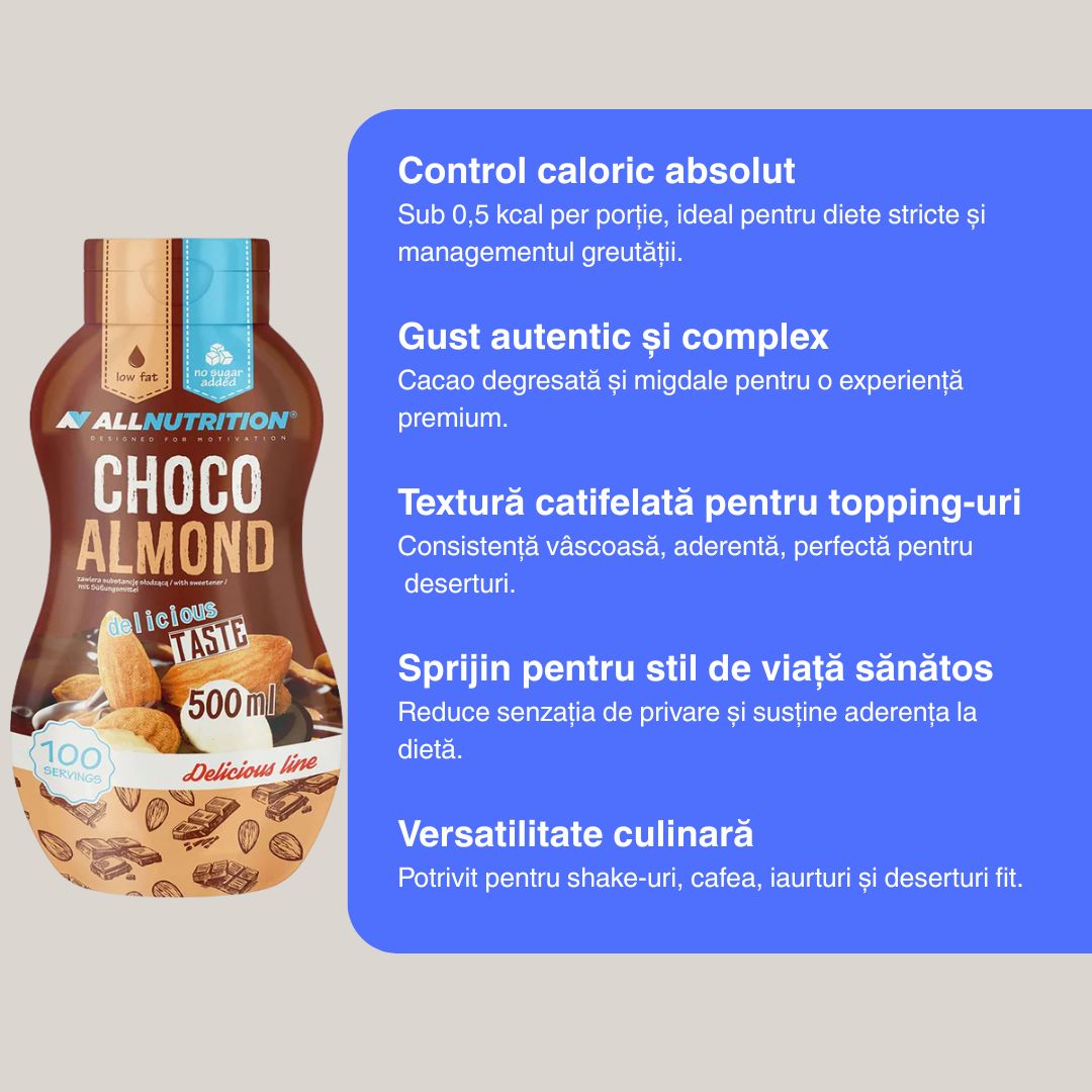 Sos Sweet Sauce Choco Almond: 100 de porții de lux decadent, fără zahăr și calorii. Deserturi sănătoase, gust desăvârșit.