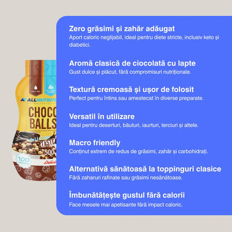 Sos Choco Balls AllNutrition: Gust decadent de ciocolată cu lapte, fără zahăr și calorii, pentru o siluetă perfectă.