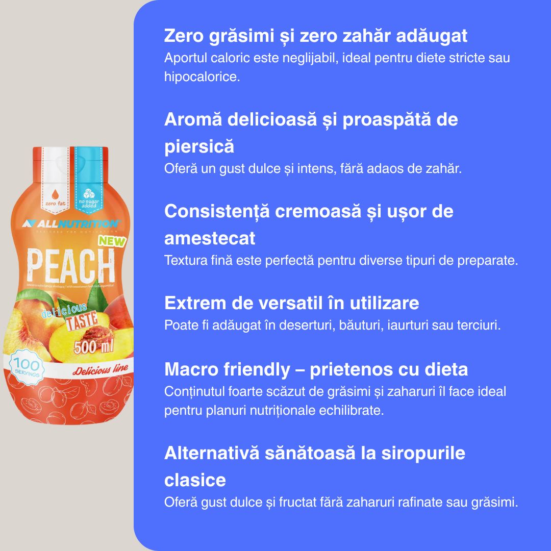 Savurează dulceața piersicii fără zahăr și calorii! Sosul ALLNUTRITION transformă deserturile într-o experiență decadentă, fără compromisuri.