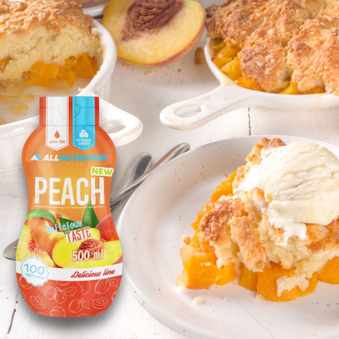 Savurează dulceața piersicii coapte fără vinovăție! Sos zero calorii și zero zahăr de la ALLNUTRITION, pentru deserturi decadente și gustări gourmet, într-un stil de viață sănătos.