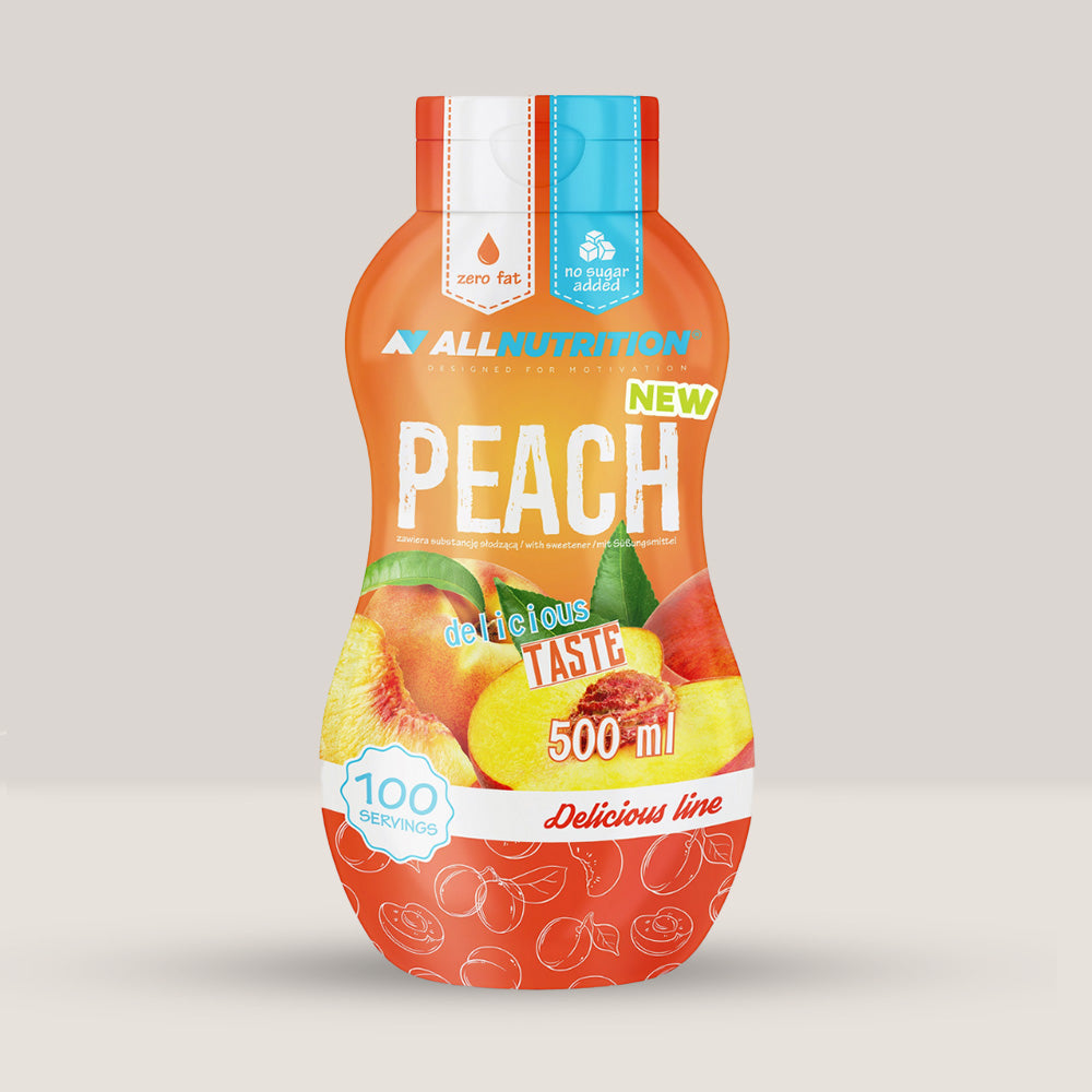 Sos ALLNUTRITION piersică: Gust gourmet fără zahăr, pentru deserturi guilt-free.