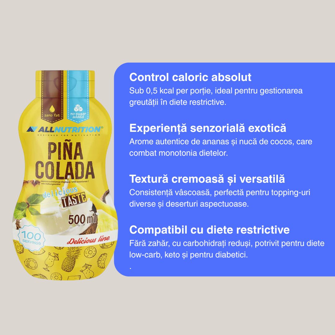 Sos Pina Colada AllNutrition: Gust de paradis, 0 calorii, 0 zahăr. Transformă desertul într-o experiență decadentă.