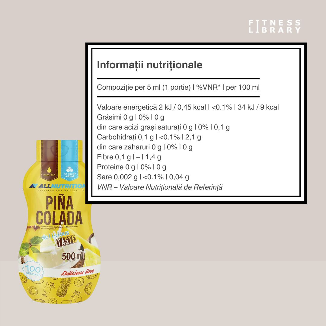 Sos Pina Colada AllNutrition: Gust tropical, zero zahăr, zero calorii. Savurează exoticul fără compromisuri!