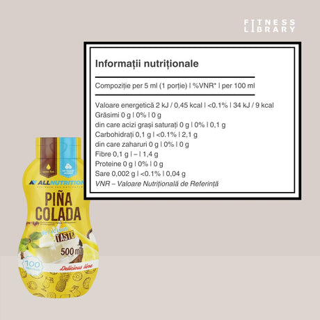 Sos Pina Colada AllNutrition: Gust tropical, zero zahăr, zero calorii. Savurează exoticul fără compromisuri!