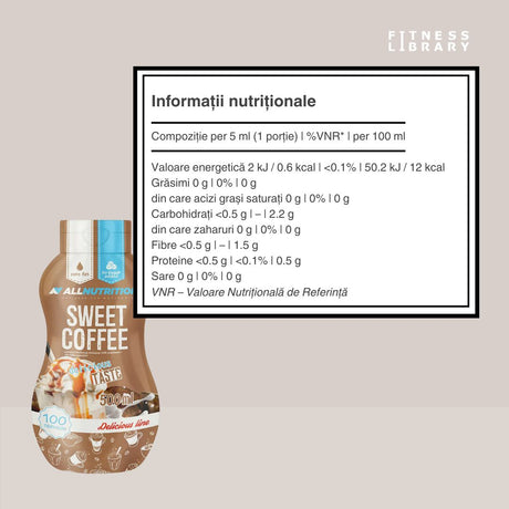 Sos dulce ALLNUTRITION, fără calorii și zahăr. Aromă bogată de cafea pentru deserturi și băuturi delicioase, fără regrete.