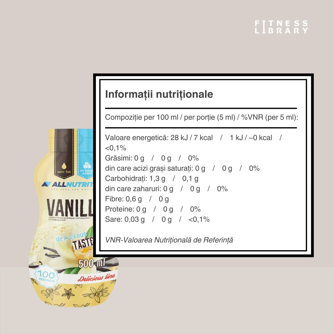 100 de porții de Sweet Sauce AllNutrition: vanilie delicată, fără zahăr, fără grăsimi. Răsfăț și wellbeing.