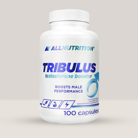 Imagine cu o cutie de Extract Tribulus (100 capsule) de la ALLNUTRITION, un supliment natural pentru creșterea testosteronului.
