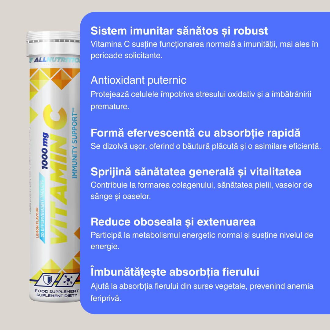 Imunitate puternică și energie maximă cu Vitamina C 1000mg ALLNUTRITION.