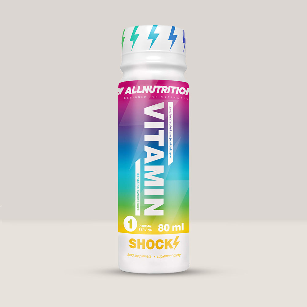 Imagine cu pachetul de 12 doze de Vitamin Shock Shot de la ALLNUTRITION, 80ml per doză.