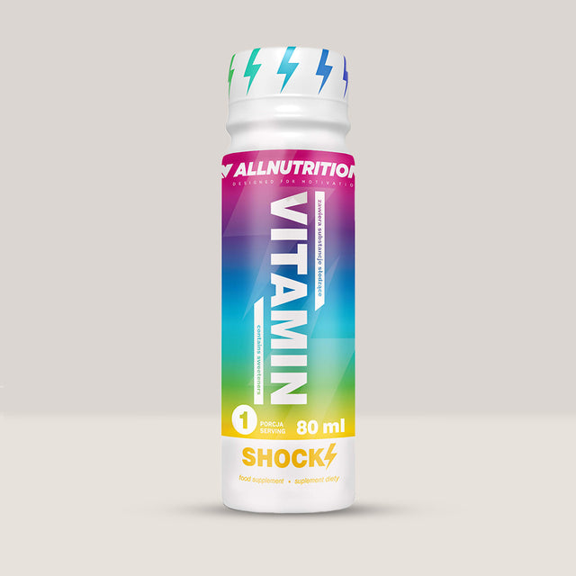 Imagine cu pachetul de 12 doze de Vitamin Shock Shot de la ALLNUTRITION, 80ml per doză.