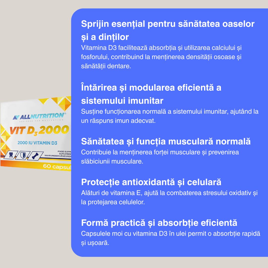 Vitamina D3 ALLNUTRITION: Imunitate puternică, oase sănătoase. Revigorează-te!