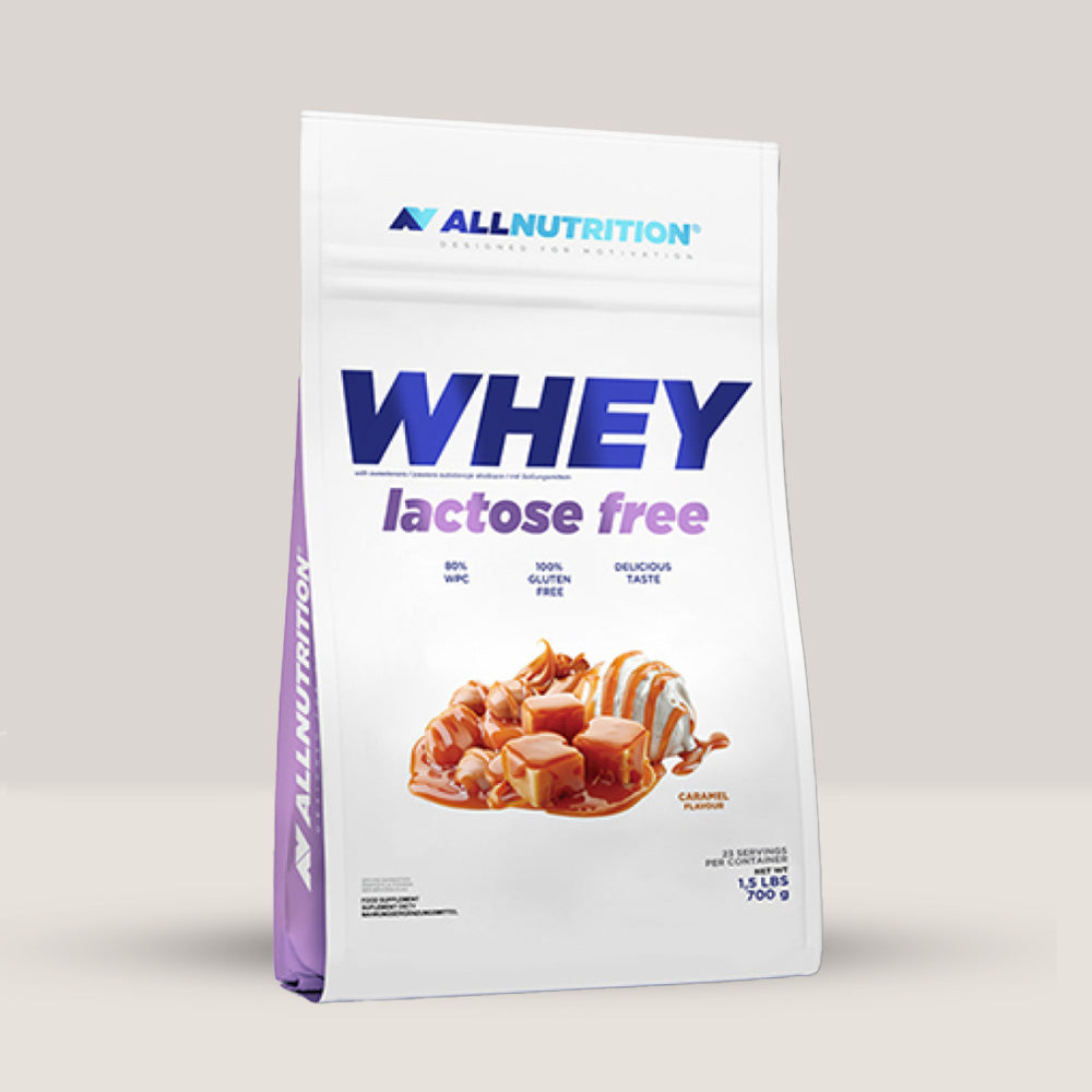 Imagine cu proteina din zer Whey Lactose Free de la ALLNUTRITION, 700g, 24 de serviri. Aroma de caramel.