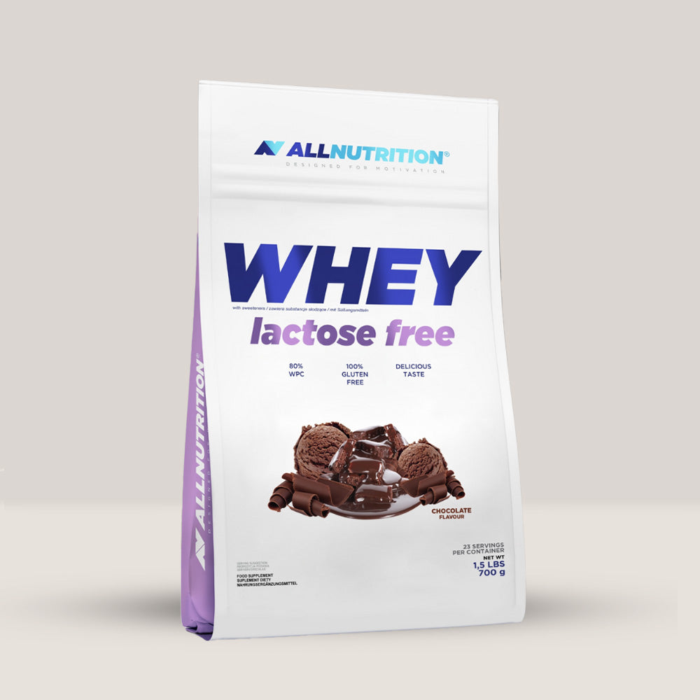 Imagine cu proteina din zer Whey Lactose Free de la ALLNUTRITION, 700g, 24 de serviri. Aroma de ciocolata.