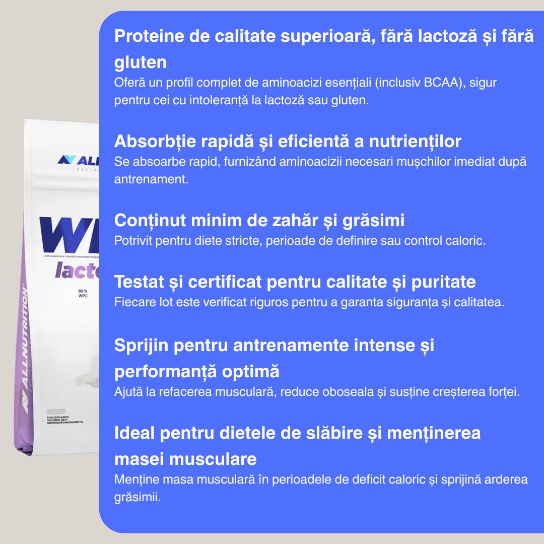 Performanță pură, digestie impecabilă. Proteină zer ALLNUTRITION, fără lactoză.