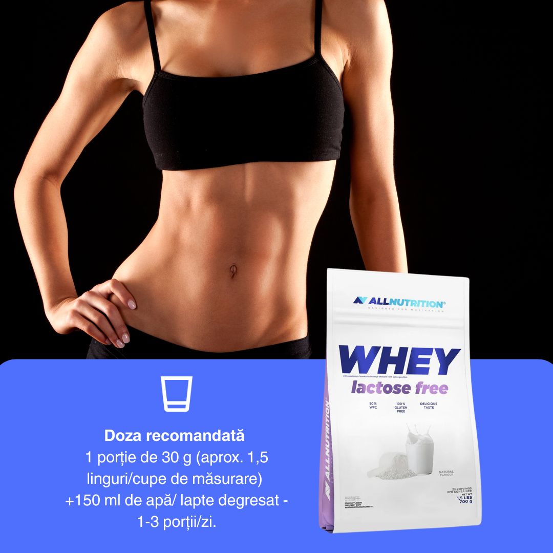 Proteina pură fără lactoză. Creștere musculară armonioasă, digestie impecabilă. ALLNUTRITION Whey Lactose Free.