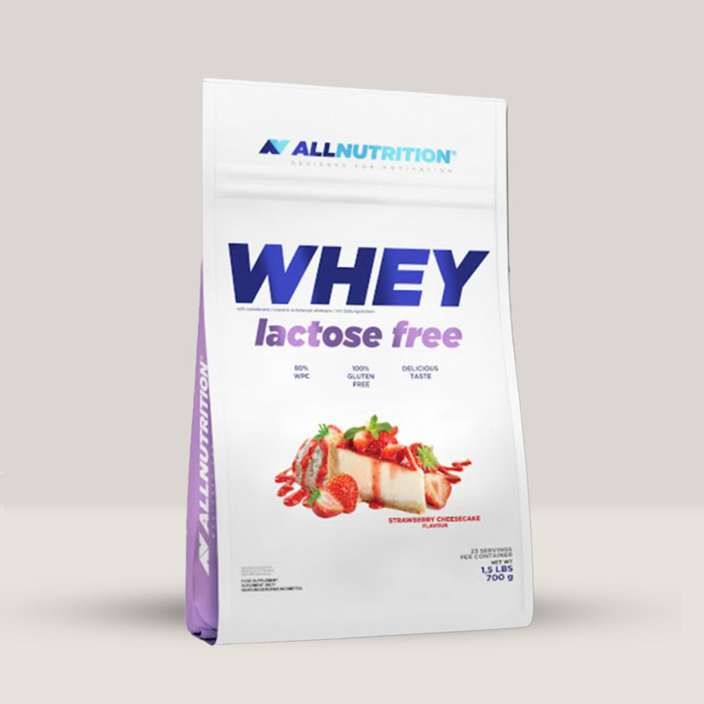 Imagine cu proteina din zer Whey Lactose Free de la ALLNUTRITION, 700g, 24 de serviri. Cu aroma de capsuni.