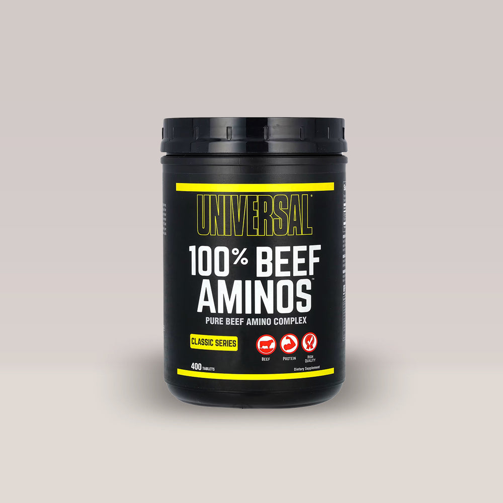 Recipient negru de Universal 100% Beef Aminos, un supliment cu 400 de tablete de aminoacizi din carne de vită.
