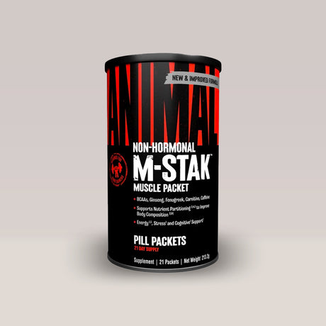 Cutie neagră de Universal Nutrition M-Stak, un pachet anabolic non-hormonal cu 21 de pachete, pentru hardgaineri și creștere musculară.