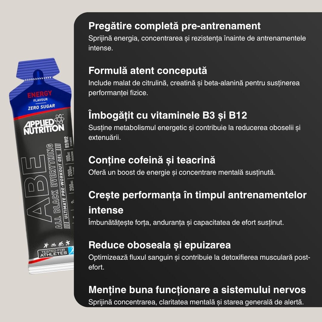 Energie instant, focus maxim, performanță amplificată. ABE Pre-Workout Gel.