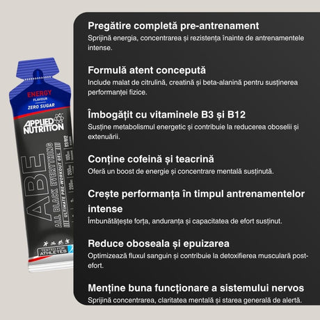 Energie instant, focus maxim, performanță amplificată. ABE Pre-Workout Gel.
