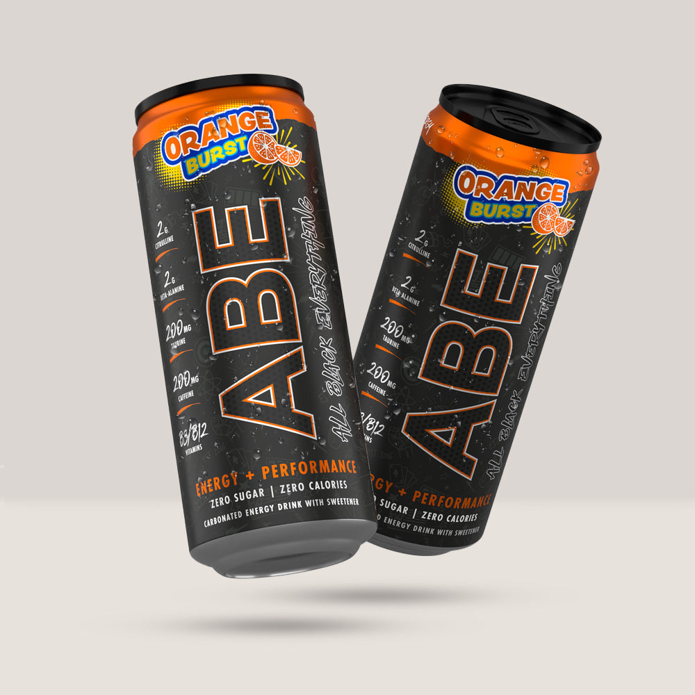 Imagine cu o cutie de 12 doze de ABE Energy Drink 330ml de la Applied Nutrition, o băutură energizantă carbogazoasă cu zero zahăr cu aromă de portocale.