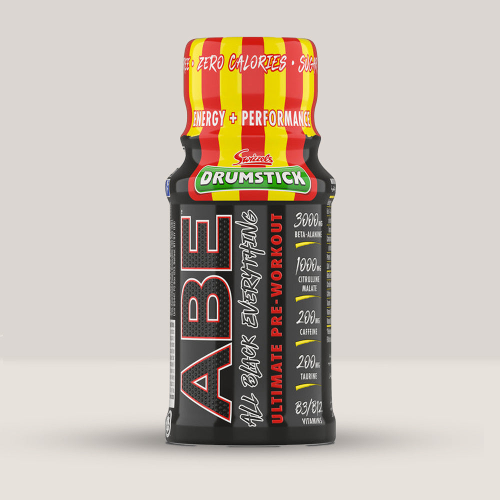 Imagine cu o sticlă de ABE Ultimate Pre Workout Shot 60ml de la Applied Nutrition, un shot energizant pentru antrenament. Drumstick aroma.