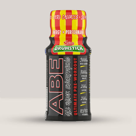 Imagine cu o sticlă de ABE Ultimate Pre Workout Shot 60ml de la Applied Nutrition, un shot energizant pentru antrenament. Drumstick aroma.