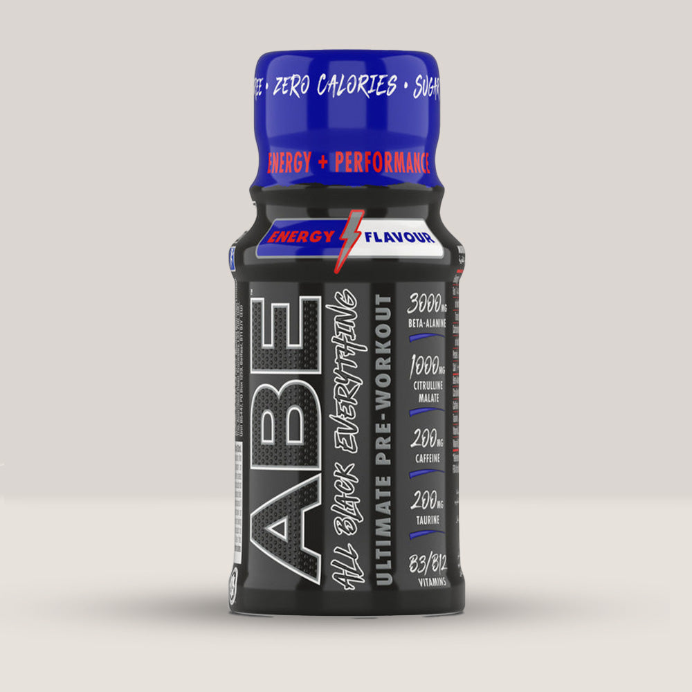 Imagine cu o sticlă de ABE Ultimate Pre Workout Shot 60ml de la Applied Nutrition, un shot energizant pentru antrenament. Energy aroma.