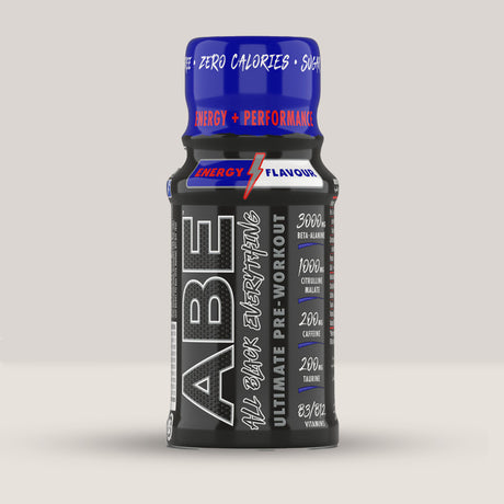 Imagine cu o sticlă de ABE Ultimate Pre Workout Shot 60ml de la Applied Nutrition, un shot energizant pentru antrenament. Energy aroma.