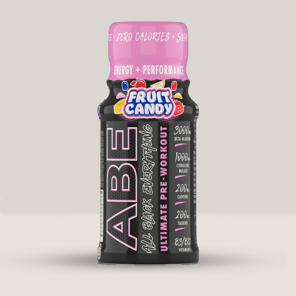 Imagine cu o sticlă de ABE Ultimate Pre Workout Shot 60ml de la Applied Nutrition, un shot energizant pentru antrenament. Fruit candy aroma.