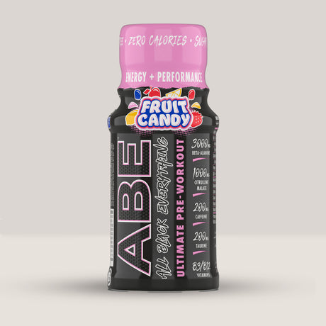 Imagine cu o sticlă de ABE Ultimate Pre Workout Shot 60ml de la Applied Nutrition, un shot energizant pentru antrenament. Fruit candy aroma.