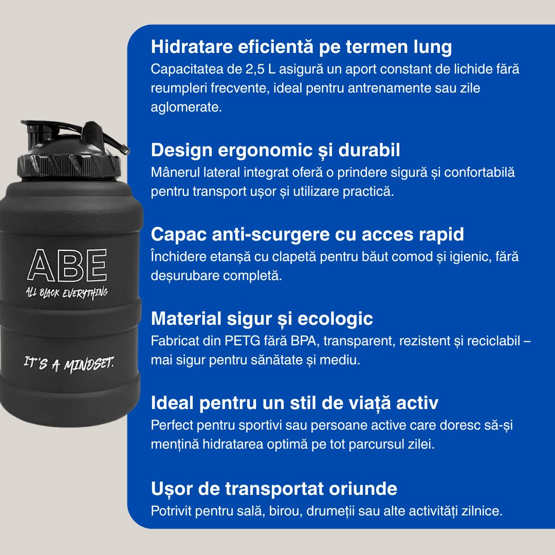 Hidratare pură, performanță maximă. Investește în tine cu ABE Water Jug.