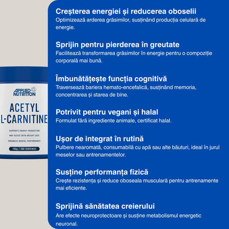 Energie, focus, vitalitate. Acetyl L-Carnitine de la Applied Nutrition. Eliberează-ți potențialul.