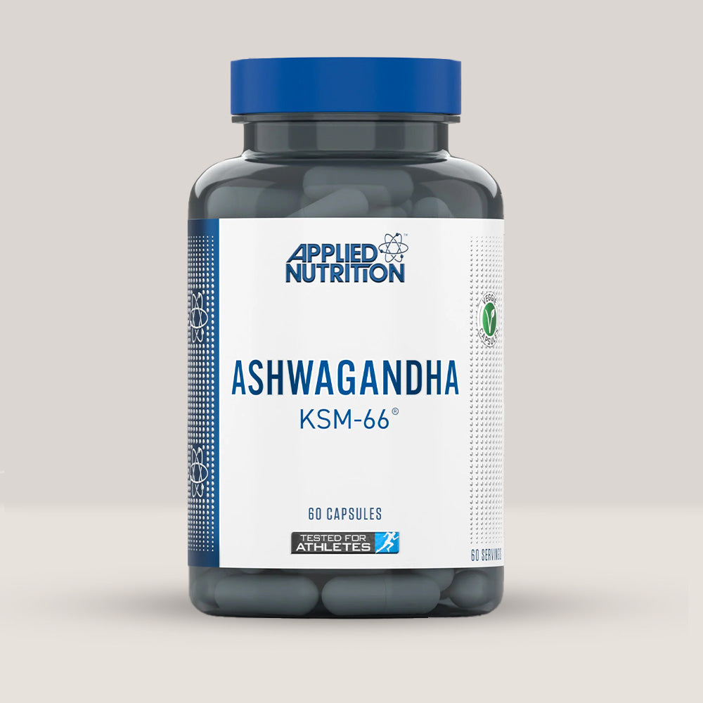 Imagine cu o cutie de Ashwagandha (60 capsule vegetale) de la APPLIED NUTRITION, un supliment natural pentru reducerea stresului și anxietății.