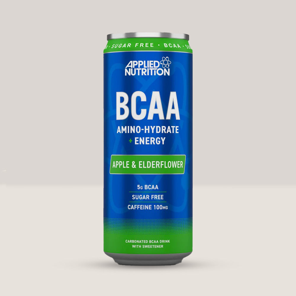 Imagine cu pachetul de 6 doze de BCAA Energy Drink de la APPLIED NUTRITION, 330ml per doză. Apple elderflower aroma.