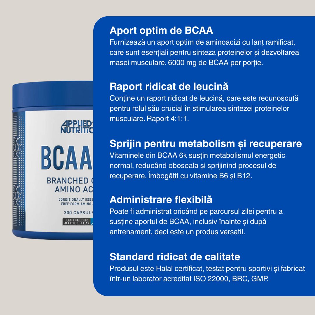 Recuperare musculară rapidă și performanță amplificată cu BCAA 6K. Antrenament după antrenament, construiește corpul dorit.