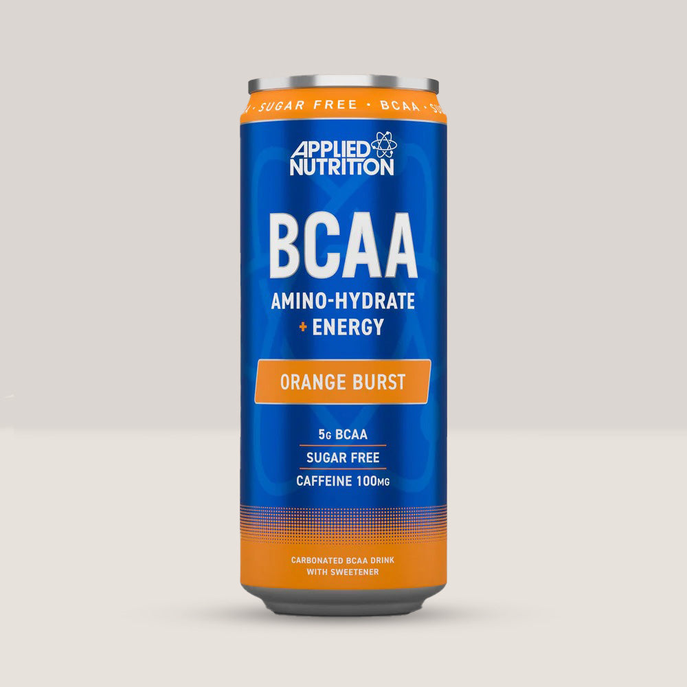 Imagine cu pachetul de 6 doze de BCAA Energy Drink de la APPLIED NUTRITION, 330ml per doză. Orange burst aroma.