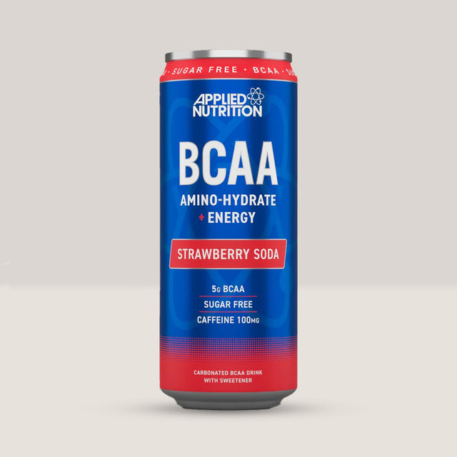 Imagine cu pachetul de 6 doze de BCAA Energy Drink de la APPLIED NUTRITION, 330ml per doză. Strawberry soda aroma.