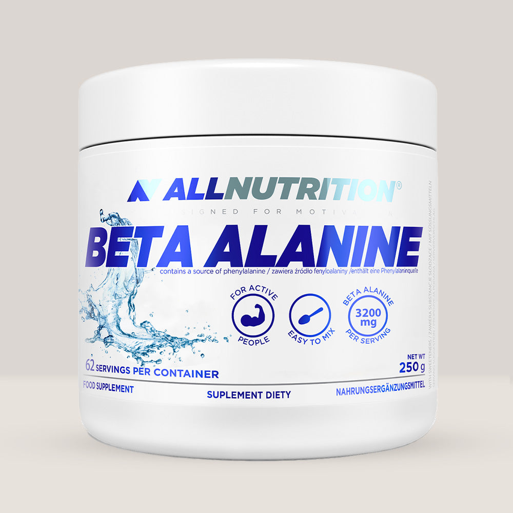 Imagine cu o cutie de Beta-Alanine Powder (250g, 62 de serviri) de la Applied Nutrition, un supliment cu beta-alanină pură pentru creșterea rezistenței.