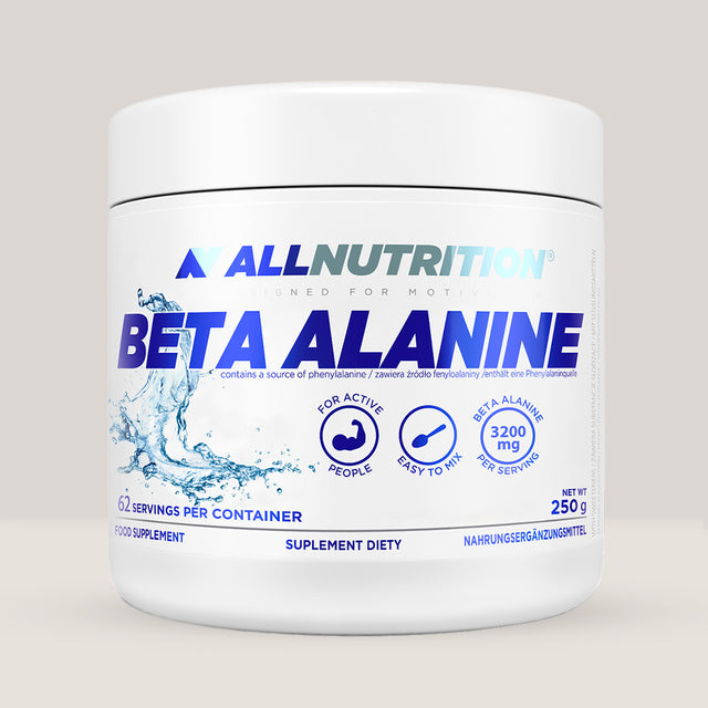 Imagine cu o cutie de Beta-Alanine Powder (250g, 62 de serviri) de la Applied Nutrition, un supliment cu beta-alanină pură pentru creșterea rezistenței.