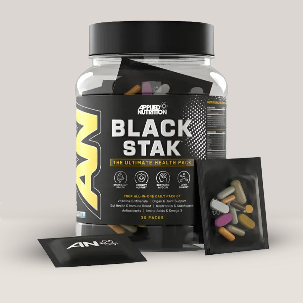 Imagine cu o cutie de Black Stak - The Ultimate Health Pack (30 pachete) de la APPLIED NUTRITION, un supliment complex cu vitamine, minerale și nutrienți.
