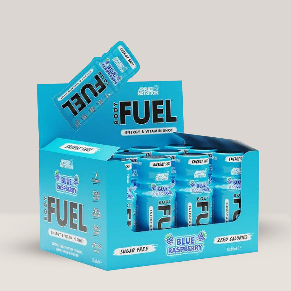 Imagine cu pachetul de 12 doze de BODY FUEL ENERGY SHOT de la APPLIED NUTRITION, 60ml per doză. Blue raspberry aroma.